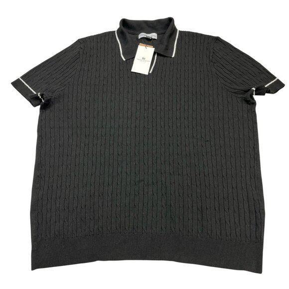 Thomas Sterling Sweater Top Men XL Black Cable Knit Short Sleeve Collared Casual - Picture 1 of 8